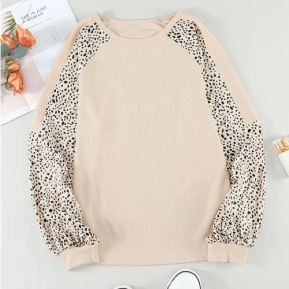 *Last One* Plus Size Cream Ribbed Top w/ Leopard Print Balloon Sleeves, 2X - Picture 8 of 14